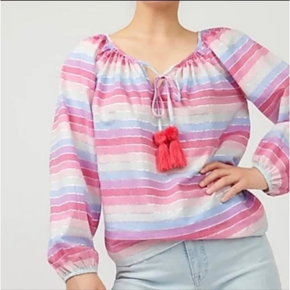 J. CREW Top Blouse Stripes Boho Cotton Peasant Festival Metallic Pink Small - Picture 2 of 10